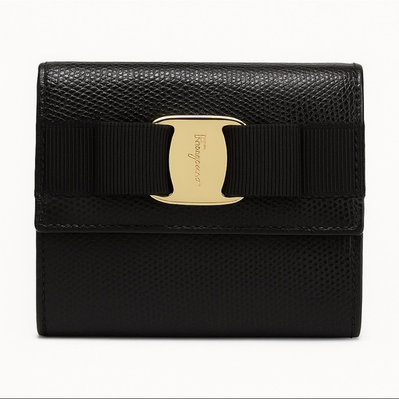 Salvatore Ferragamo Handbags - Salvatore Ferragamo Black Vara Bow Saffiano Leather Compact Wallet